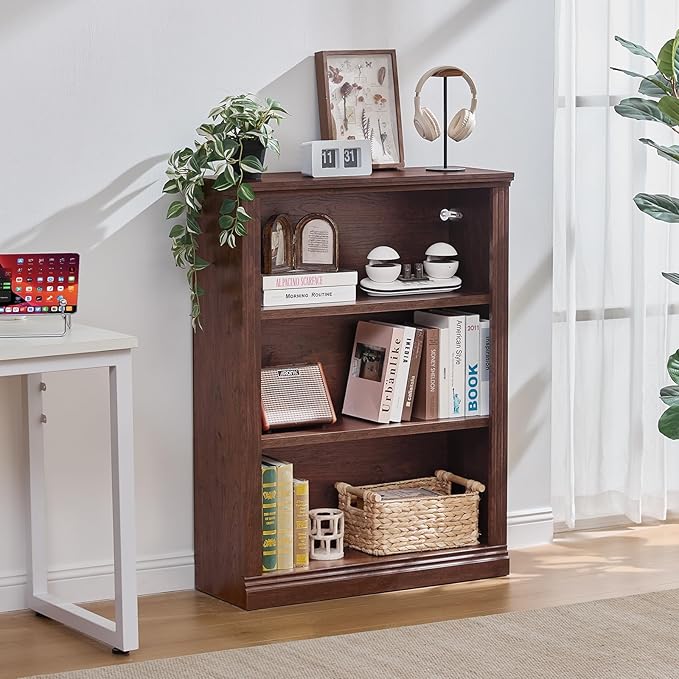 43" Walnut Tall Bookshelf Set of 2,3-Tier Thick Wooden Book Shelf with Adjustable Shelves,Free Standing Farmhouse Bookcase with Open Display Storage,Floor Vintage Bookshelves for Living Room