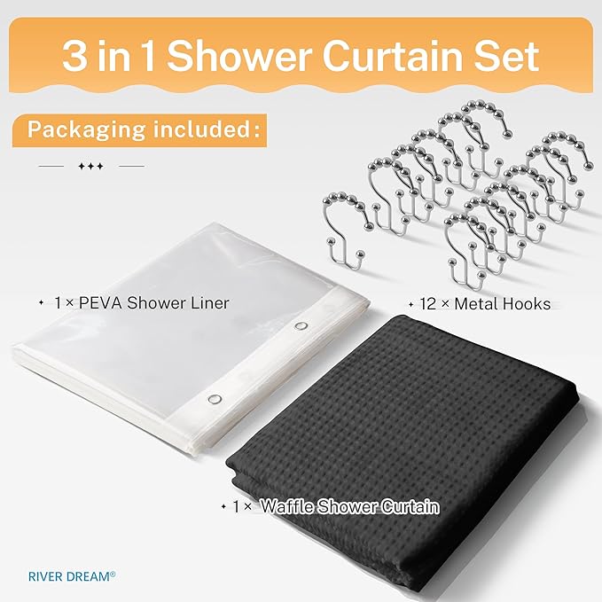 River Dream 3 in 1 Shower Curtain Set, Waffle Fabric Shower Curtain and Waterproof Clear Liner Set with Double Sided Metal Hooks, Black, 72" W*72" H