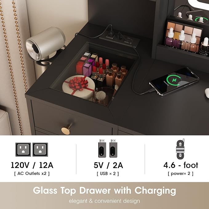Vabches Vanity Desk with Lights, Makeup Vanity Table with Charging Station, 44.9in Big Vanity Set with 5 Drawers & Lots Storage Space, Black