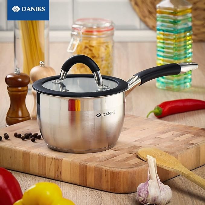 Daniks Orlando 10-Piece Stainless Steel Induction Cookware Set – Dishwasher Safe Saucepan, Pots with Heatproof Handles, Glass Lids, Measuring Scale, Silver