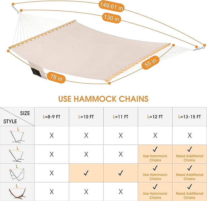 Lazy Daze Hammocks 11 FT Double Outside Hammock Quick Dry Olefin Fabric Hammock with Spreader Bar & Side Pocket for Outdoor Poolside Backyard 450 lbs Capacity, Beige