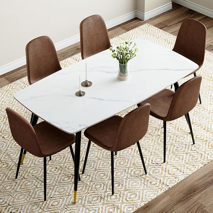 Dining Table Set for 6 with Chairs, Sintered Stone Kitchen Table Top and Modern Chairs Set of 6 for Kitchen Dining Room