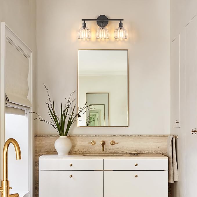 Bathroom Light Fixtures, 3-Light Black Vanity Wall Light Over Mirror with Clear Tulip Glass Shade for Bedroom Living Room