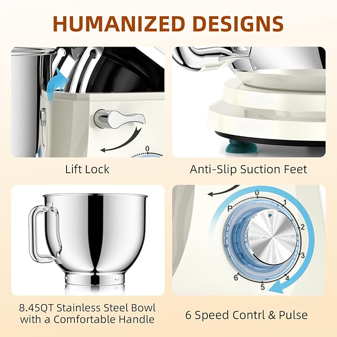 8.45 QT Stand Mixer - 660W 6 Speed Large Capacity Kitchen Electric Mixer with Whisk Dough Hook Mixing Beater Household Food Mixer for Baking Cakes Cookie Bread Salad (White)