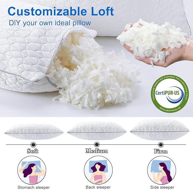 Cooling Pillows King Size Set of 4, Shredded Memory Foam Pillows, Adjustable Firm Bed Pillows Cool Cold Pillow for Hot Side Back Stomach Sleepers with Removable Washable Cover, 20" x 36", White