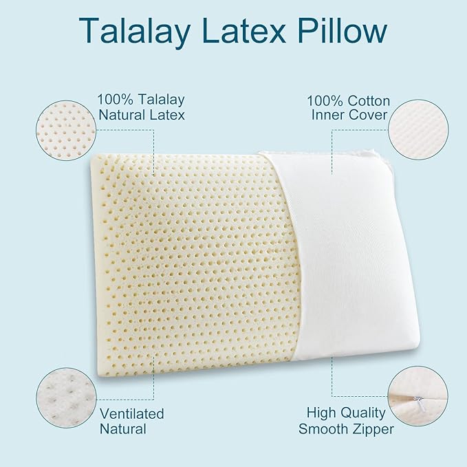 100% Talalay Latex Pillow Bed Pillow for Sleeping, Extra Soft Natural Latex Sleeping Pillow for Back, Stomach or Side Sleepers, Removable Breathable Cotton Cover - High Elasticity (Queen Size)