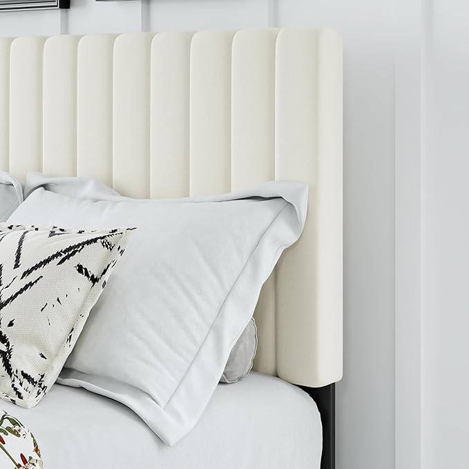 Twin Size Bed Frame, Velvet Upholstered Platform Bed with Adjustable Tufted Headboard, Sturdy Frame and Slats, No Noiseless, No Box Spring Required, Easy Assembly, Beige