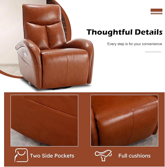 Power Rocker Recliner with 270° Swivel and 30° Rock, Genuine Leather Recliner Swivel Chair with USB and Type-C Ports, Red Brown Recliner Chairs for Adults, 22.4" Extra Wide