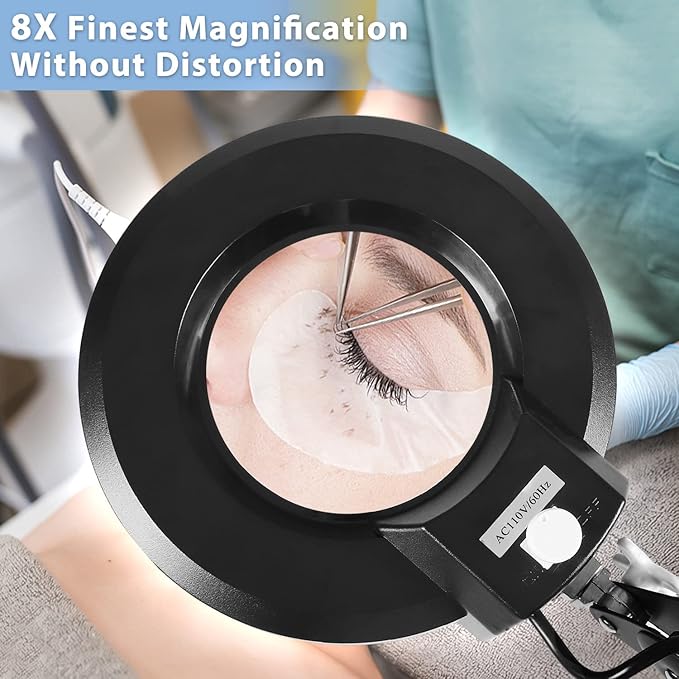 LANCOSC 8X Magnifying Glass with Light and Stand, Floor Lamp with 5-Wheel Rolling Base for Facials Lash Estheticians, 1,500 Lumens Dimmable LED Lighted Magnifier for Reading Sewing Crafts - Black