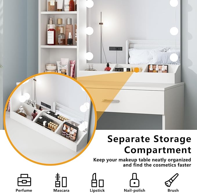 Fameill White Vanity Desk with Mirror and Lights,Makeup Vanity with 2 Drawers Lots Storage,Makeup Table with Lighted Mirror,3 Lighting Colors, Brightness Adjustable,35in(L)