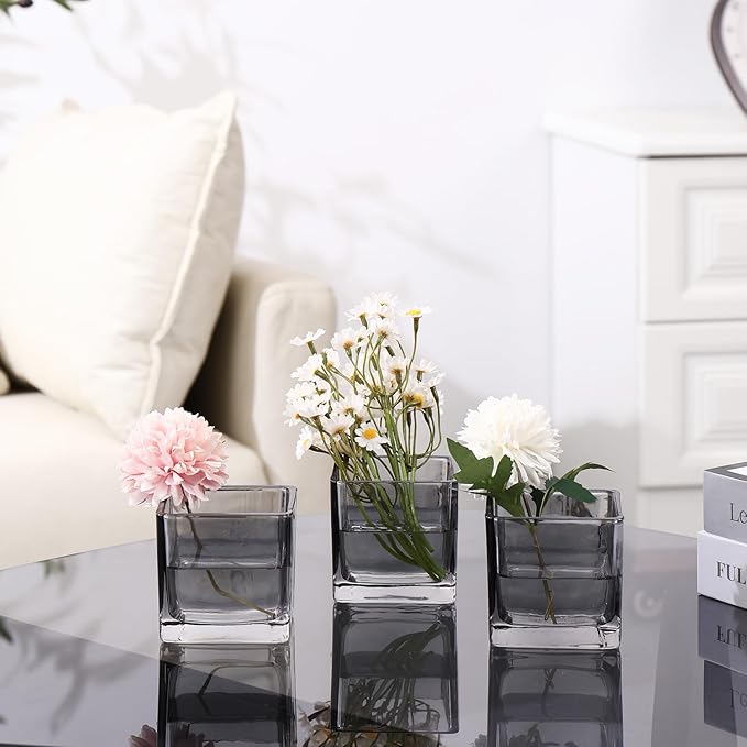 Square Flower Vases Set of 9, 3"x 3"x 3" Glass Vases for Centerpieces, Grey Vase for Flowers, Small Vase for Wedding, Party, Home Office Decoration