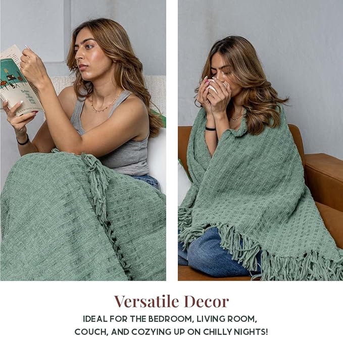 Folkulture Throw Blanket | (60 x 50) Chunky Knit Blanket for Bed, Couch | Boho Chenille White Thick Knitted Throw Blanket | Ultra Soft, Plush, Lightweight, Machine Wash and Giftable (Sage Dream)