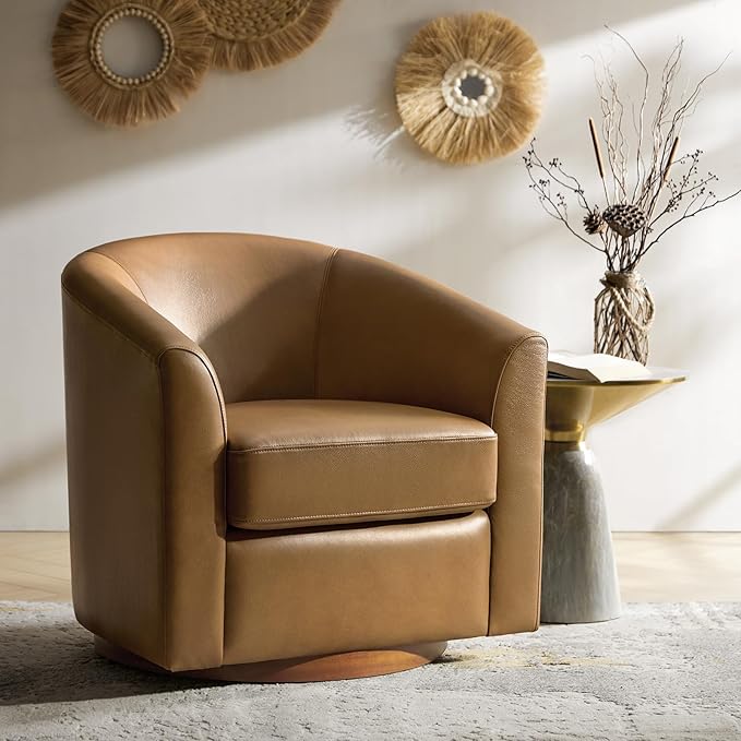 HULALA HOME Genuine Leather Swivel Accent Chair with Solid Wood Base, Round Swivel Barrel Chair for Living Room and Bedroom, Camel