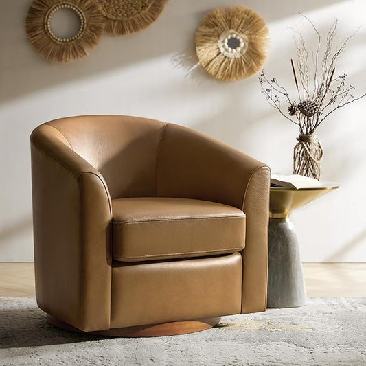 HULALA HOME Genuine Leather Swivel Accent Chair with Solid Wood Base, Round Swivel Barrel Chair for Living Room and Bedroom, Camel