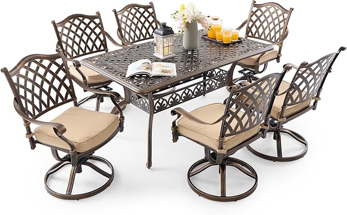 7 Piece Outdoor Dining Set Cast Aluminum Retro Patio Dining Set for 6 Includes 59” Rectangular Table 6 Swivel Chairs with Thicker Cushions and Umbrella Hole for Patio Deck Garden