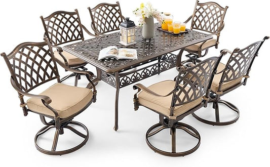 7 Piece Outdoor Dining Set Cast Aluminum Retro Patio Dining Set for 6 Includes 59” Rectangular Table 6 Swivel Chairs with Thicker Cushions and Umbrella Hole for Patio Deck Garden