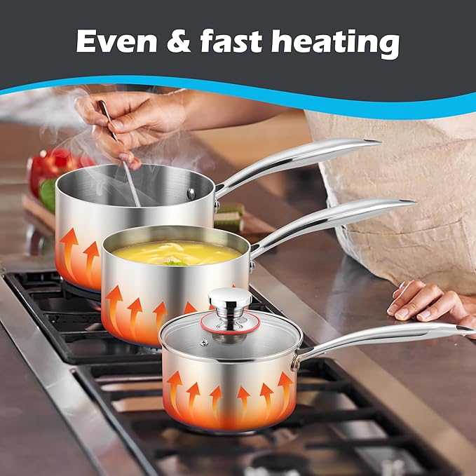 E-far 3-Quart Saucepan, Tri-Ply Stainless Steel Sauce Pan with Glass Lid, Small Cooking Induction Pot Compatible with All Cooktops, Non Toxic, Oven & Dishwasher Safe