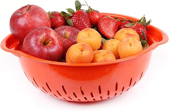 Mintra Home Mixing Bowl w/Colander (Large 4.5L, Orange) - For Washing & Draining Fruits And Vegetables - Heavy Duty Plastic for Baking, Cooking Supplies - Dishwasher Safe