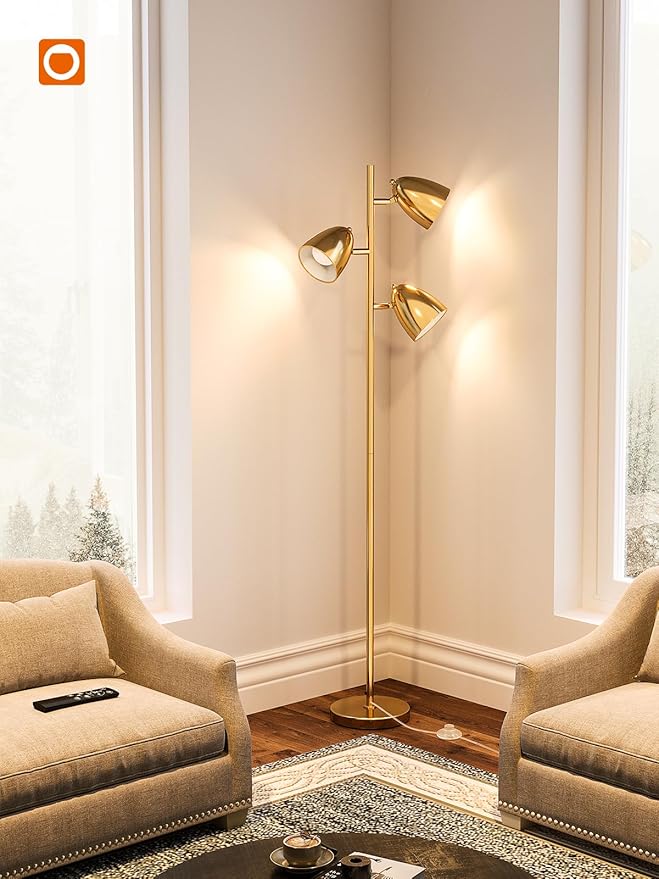 addlon Tree Floor Lamp with Remote, 3 Adjustable Rotating Light and Matching LED Bulbs, Standing Tall Pole Lamps for Living Room, Bedroom, Home, Office - Gold