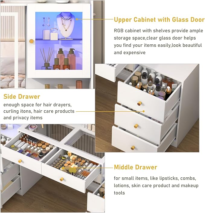 62" Large White Vanity Desk w/ Tempered Glass Top,60000-color LED Lights,Power Outlet, Make up Vanity w/ 3 Lights Mode LED Mirror,9 Drawers,2 RGB Cabinet LEDs Vanitys Table for Women,Girls