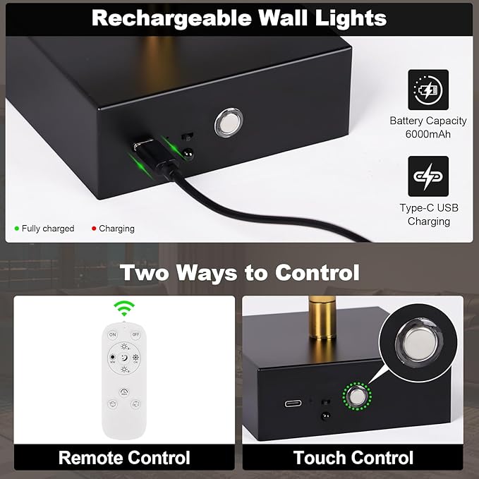 Wall Sconces Set of Two with Remote Control 29.1 in Dimmable Black Gold Battery Operated Wall Lights 350° Ratation 3000K-6000K LED Wireless Rechargeable Sconce for Bathroom Living Room Bedroom