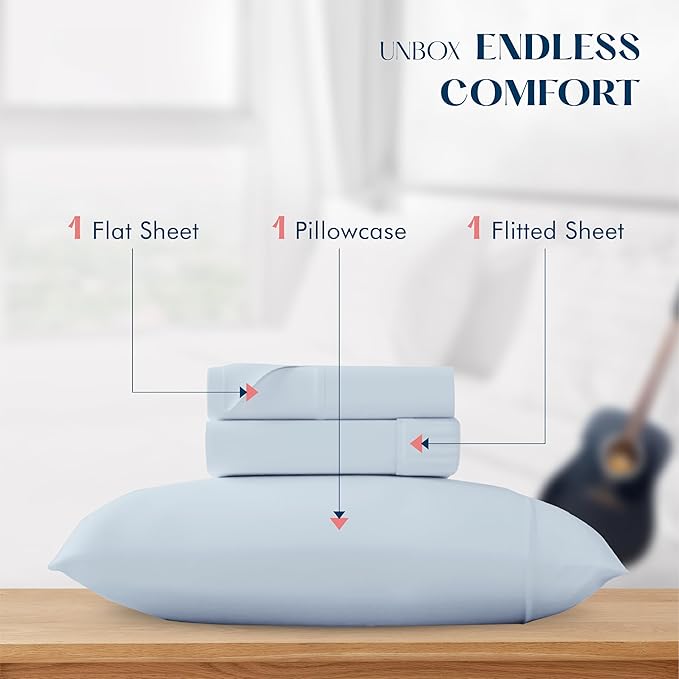 XOOX Linen 100% Cotton Twin Sheets Set - 500 Thread Count Cotton Sheets Twin Size, Soft, Sateen Weave, Cooling Deep Pocket Bed Sheet for Dorm Room, Luxury Hotel Quality Bedding (3 PC, Light Blue)