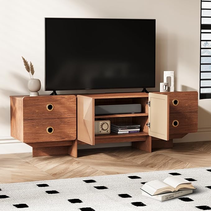 66" Fluted TV Stands for Living Room, Mid Century Modern TV Consoles for 75 inch TV, Entertainment Center with Storage, Media Console with Adjustment Shelf(Cherry)