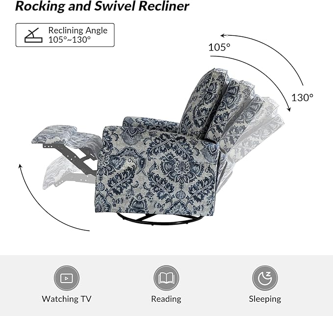 HULALA Home Modern Rocker Recliner, Printed Fabric Swivel Glider with Adjustable Backrest & Footrest, Comfy Upholstered Manual Recliner Chair Home Theater Singe Sofa for Bedroom Living Room, Damask