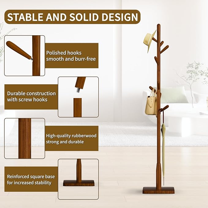 Solid Wood Square Base Coat Rack, Free Standing Hall Coat Tree with 8 Hooks（+2 spare for Coats, Hats, Bags, Purses, for Entryway, Hallway, Rubberwood Hooks,Base and Pole,(Square Base,Brown)
