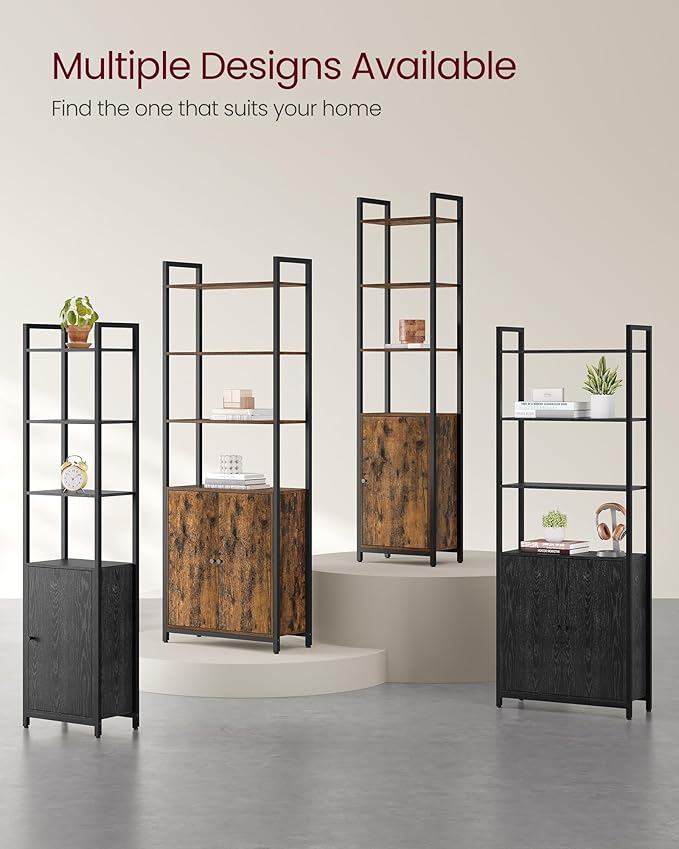 VASAGLE 6-Tier Bookshelf, Tall Bookcase with Cabinet, Steel Frame, Adjustable Shelves, 9.4 x 15.7 x 62.8 Inches, Living Room Bedroom, Rustic Brown and Ink Black ULLS132K01