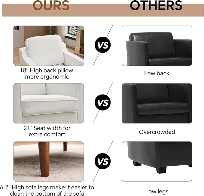 Mid Century Modern Accent Chair, Upholstered Reading Armchair for Living Room, Velvet Comfy Sofa Chair with Wood Legs for Bedroom, Office, Waiting Room, Ivory