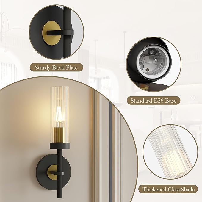 Wall Sconces Set of 2 (with 2 Bulbs), Modern Bathroom Wall Sconces Lighting with Thickened Glass, Hardwired Wall Mount Light Fixtures for Bathroom, Bedroom, Hallway, Living Room(Black & Gold)