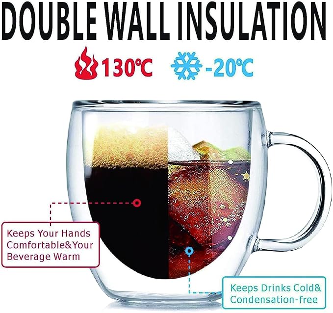 Espresso Cups Set Of 2, Double Walled Glass Coffee Mugs with Handle,Insulated Layer Coffee Cups,Clear Borosilicate Glass Mugs,Perfect for Cappuccino,Tea,Latte,Espresso (12oz-2Pack)