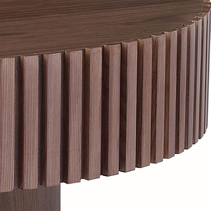 Round Coffee Table for Living Room, Accent Fluted Drum Coffee Table with Storage, Modern Solid Wood Circle Center Tea Table for Small Space Apartment (35.4''D×14''H-Walnut)