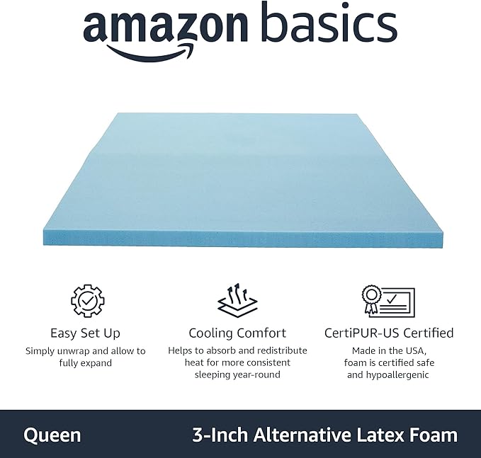 Amazon Basics Alternative Latex Queen Mattress Topper, Cooling Gel-Infused, CertiPUR-US Certified, 3 Inches, Blue