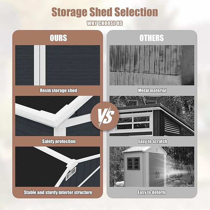 8x7 FT Outdoor Storage Resin Shed with Floor, Waterproof Plastic Garden Tool Shed with Windows, Vents & Lockable Door and Sloped Roof, Easy to Assemble Bike Shed for Patio, Backyard, Lawn, Black