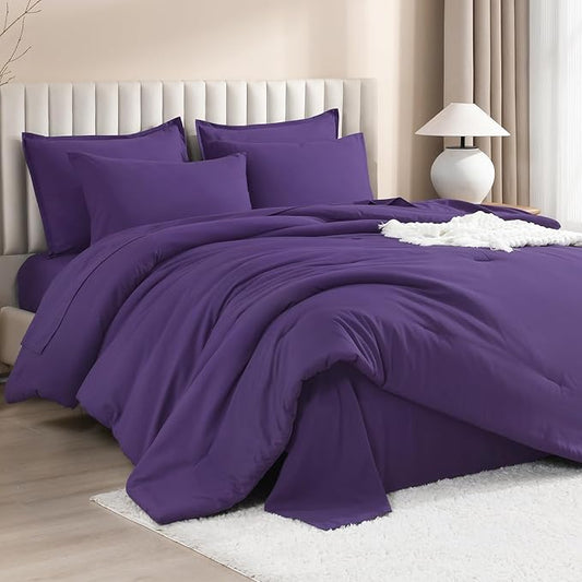 Litanika Comforter King Size Set Purple - 7 Pieces Bed in a Bag King Bedding Comforter Sets, Plain Lightweight Bed Set with Comforter, Sheets, Pillowcases & Shams