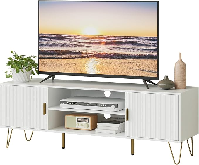 TV Stand for 55 65-inch TV, Entertainment Center with Soft Hinge Door,TV Console Table with 2 Cabinets with Gold Handle and Feet,for Living Room, Bedroom, White