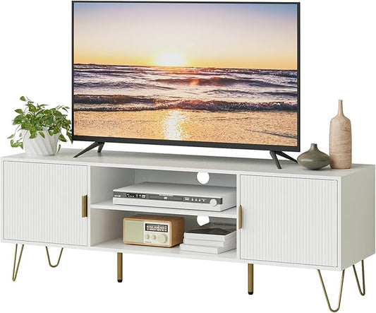 TV Stand for 55 65-inch TV, Entertainment Center with Soft Hinge Door,TV Console Table with 2 Cabinets with Gold Handle and Feet,for Living Room, Bedroom, White