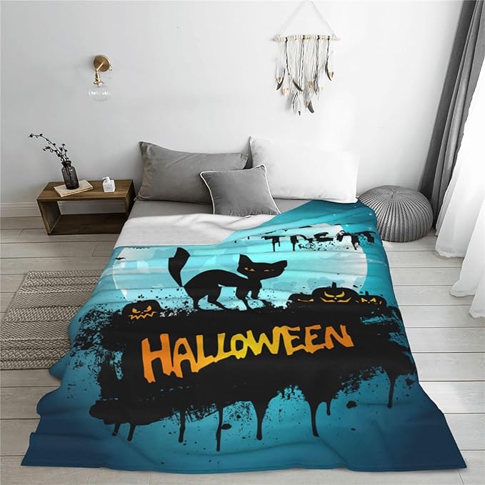 Halloween Blanket Cat Pumpkin Throw Blankets Cozy Fleece Flannel Horror Bedding Stuff Gifts for Men Women Boys Girls Teens Kids Adults for Couch Sofa Bed Decor 50"X60"