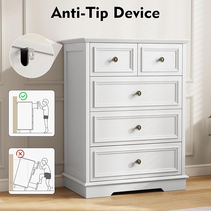 White 5 Drawer Dresser for Bedroom, Modern Chest of Drawers, Wooden Storage Dresser with Deep Drawers for Bedroom, Living Room, Entryway, Hallway