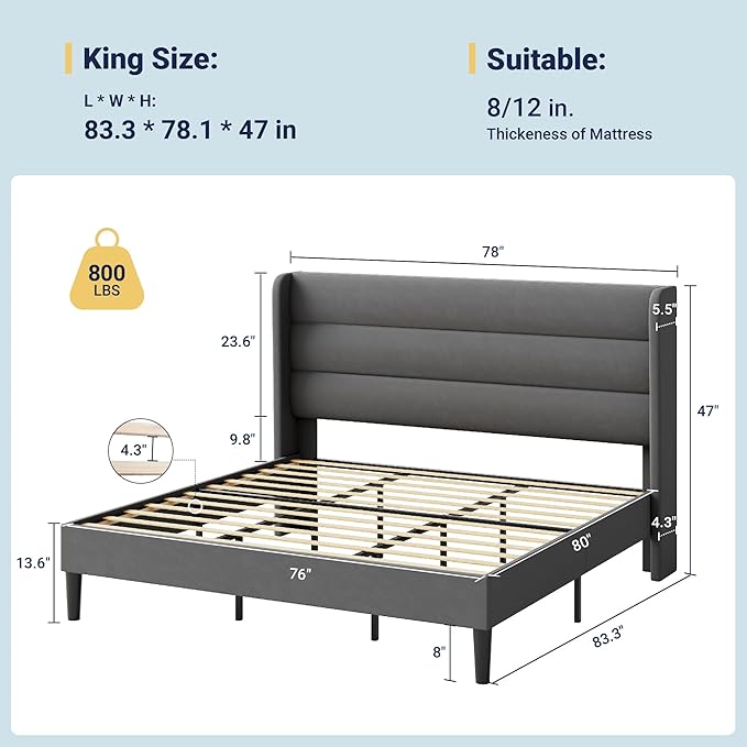 Allewie King Size Platform Bed Frame with Velvet Upholstered Wingback Headboard, No Box Spring Needed, Under Bed Storage Space, Strong Wooden Slats, Modern Mattress Foundation, Easy Assembly, Grey