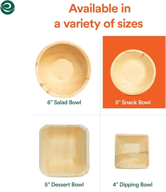 ECO SOUL Palm Leaf Bowl 200 pc, Small 5" (8 Oz) | Round Like Bamboo Bowls, Compostable, Biodegradable, Disposable Palm Leaf Bowls Eco-friendly | Sturdy, Microwave & Oven Safe