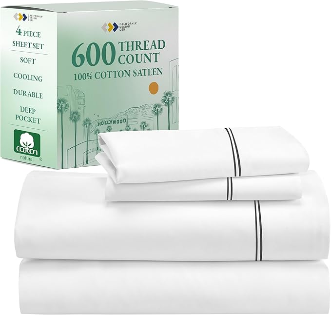 California Design Den Luxury Queen Size Sheet Set - 100% Cotton, 600 Thread Count Deep Pocket Queen Sheets, Hotel-Quality Bedding with Sateen Weave - White Embroidered Grey