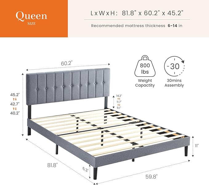 Sweetcrispy Queen Size Bed Frame - Fabric Upholstered Platform Bed with Headboard, 800LBS Sturdy Wooden Slats Support, No Box Spring Needed, Noise Free, Easy Assembly, Grey