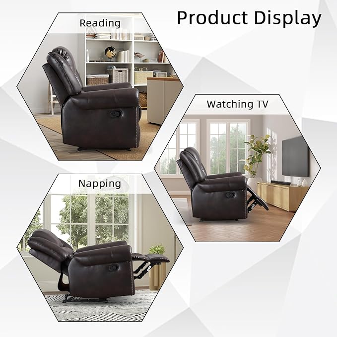 INZOY Leather Recliner Chair, Heavy Duty Manual Reclining Sofa Single Lounge Sofa for Living Room, Home Theater Seating, Dark Brown