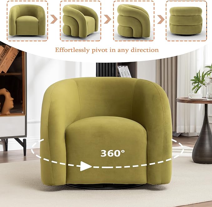 34.6" Velvet Swivel Accent Chair, Modern Round Armchair for Living Room,Upholstered Comfy Sofa Barrel Chairs for Bedroom Reading Apartment Lounge,Fully Assembled(Grass Green)