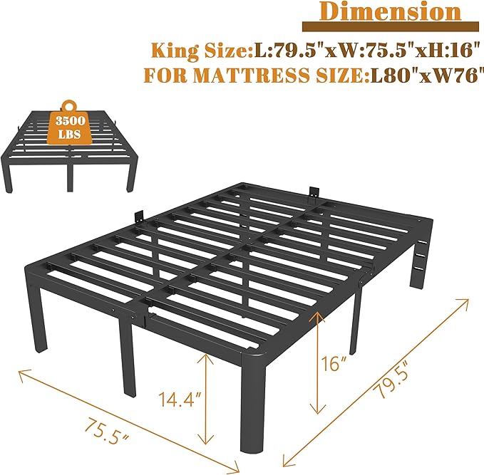 King Size Bed Frame 16 Inch Black, Metal King Bed Frame with Baffles, No Box Spring Needed, Heavy Duty Steel Platform Support, Round Corner Design, Reserved Holes, Noiseless, Easy Assembly