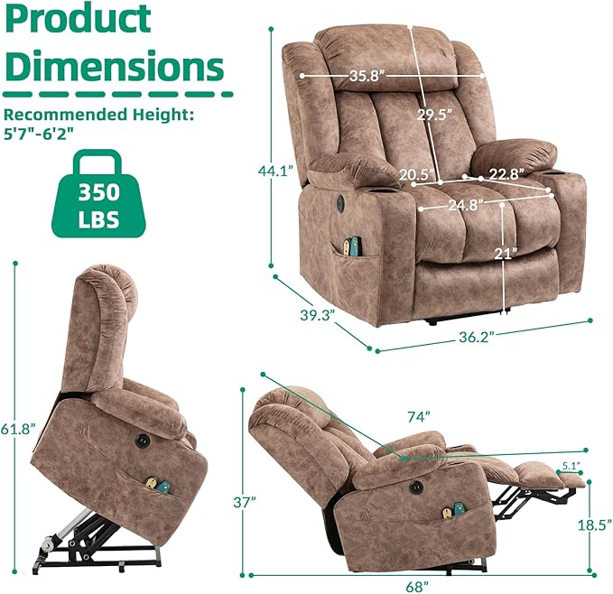 VIVIJASON Tall Man Large Power Lift Recliner Chair with Massage and Heat for Elderly, Overstuffed Wide Electric Lift Recliner w/Extended Footrest, 2 Cup Holder, Side Pockets & USB Ports, Fabric Brown