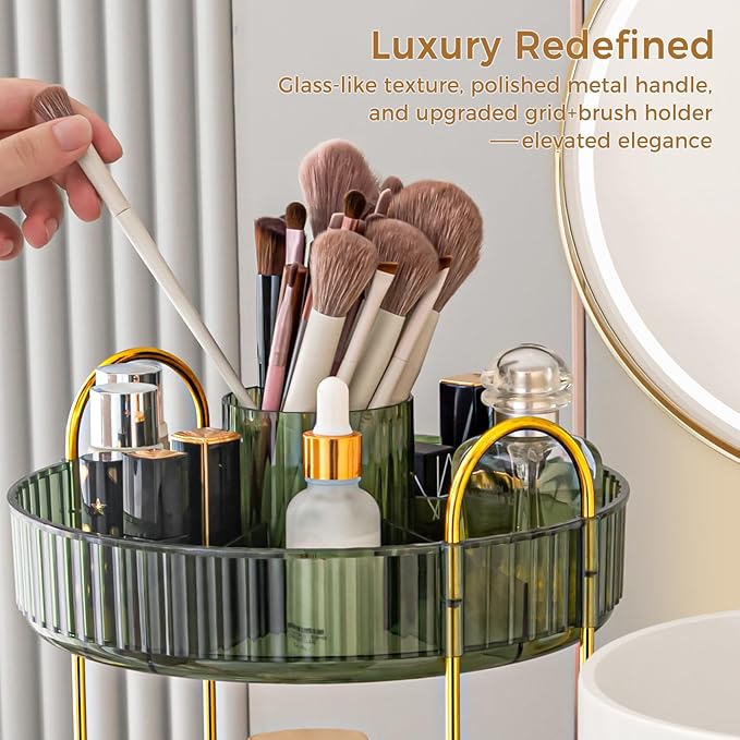 360° Rotating Makeup Organizer, Upgraded 2 Tier Skincare Perfume Organizers for Women, Bathroom Organizer Countertop, Clear Cosmetic Dresser Organizer with Makeup Brush Holder, Sink&Counter (Green)